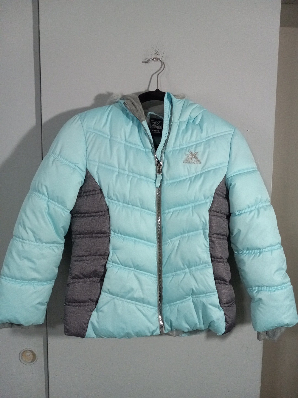 ZeroXposur Girls' Mint Blue & Gray Hooded Puffer Jacket Size M 10-12